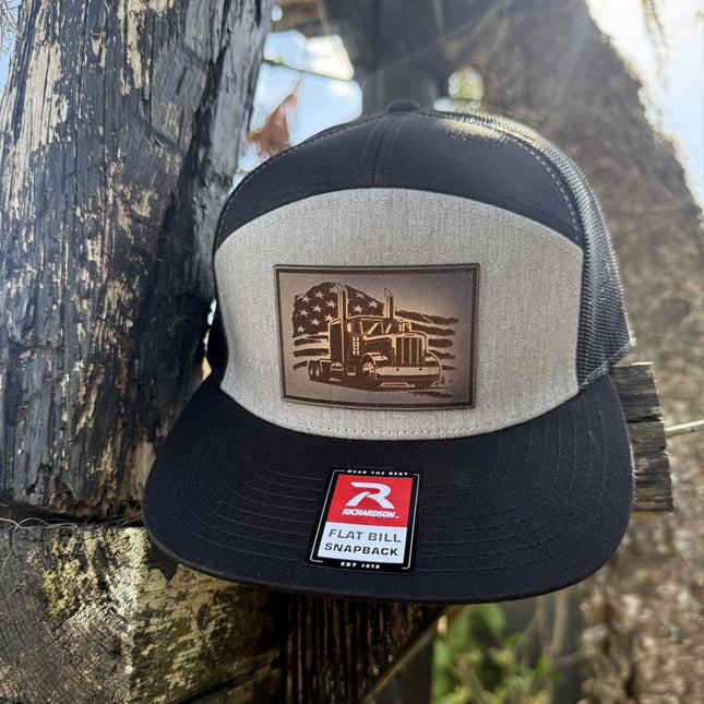 Trucker Hat with Semi and Flag, Leather Patch Hat, Richardson 168 Flat Bill Snapback, Patriotic Hat, Gift for Truck Drivers - Patch Palooza