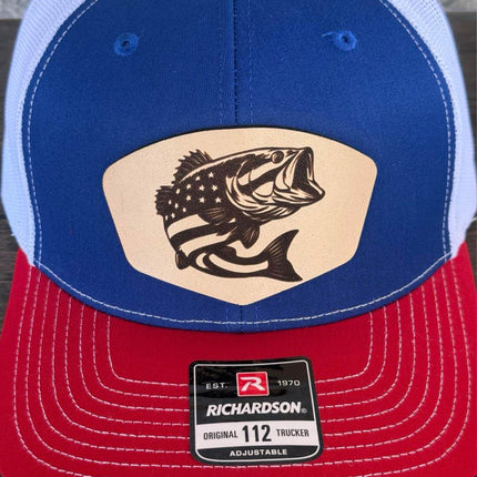 USA Bass Flag Leather Patch Hat – Richardson 112 Trucker Cap – Patriotic Fishing Hat - Patch Palooza