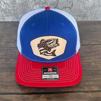 USA Bass Flag Leather Patch Hat – Richardson 112 Trucker Cap – Patriotic Fishing Hat - Patch Palooza