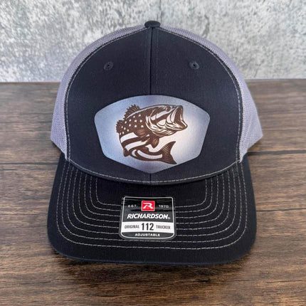 USA Bass Flag Leather Patch Hat – Richardson 112 Trucker Cap – Patriotic Fishing Hat - Patch Palooza