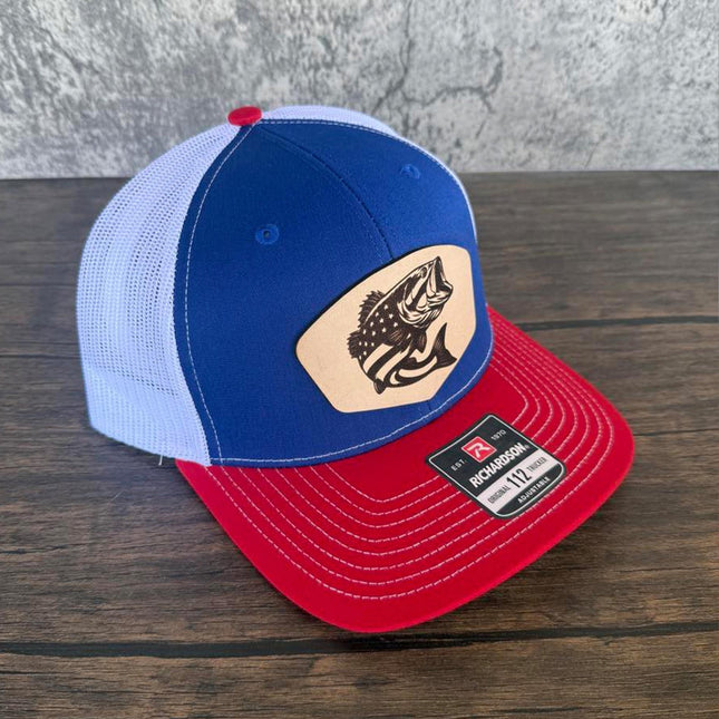 USA Bass Flag Leather Patch Hat – Richardson 112 Trucker Cap – Patriotic Fishing Hat - Patch Palooza
