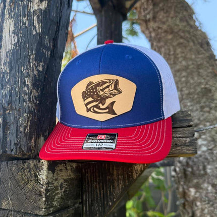 USA Bass Flag Leather Patch Hat – Richardson 112 Trucker Cap – Patriotic Fishing Hat - Patch Palooza