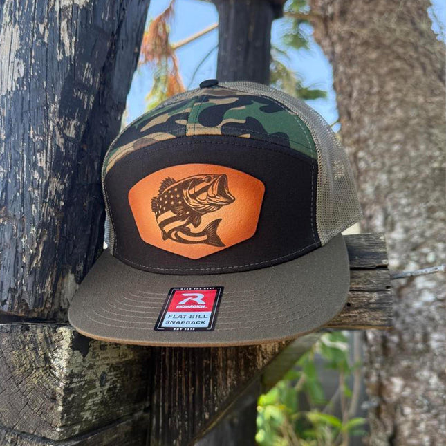 USA Bass Flag Leather Patch Hat – Richardson 168 Flat Bill Snapback – Patriotic Fishing Cap - Patch Palooza